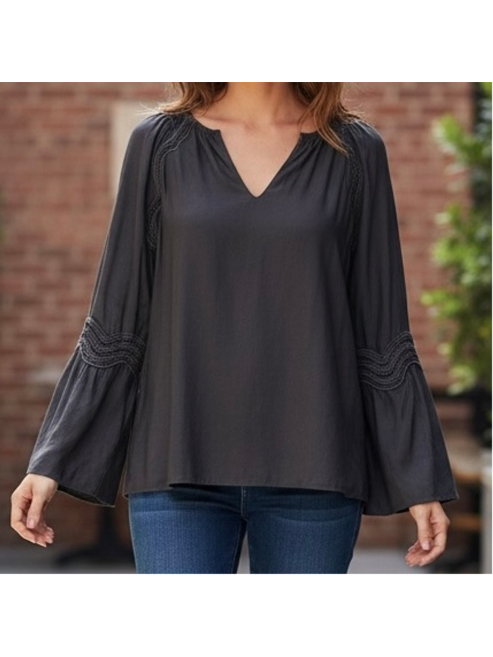 RAMY BROOK DARK GREY LONG SLEEVE BLOUSE TOP SIZE XS BELL SLEEVE